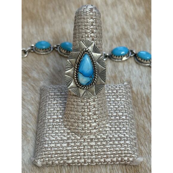 Native American SW Sterling Silver Blue Ice Dahlia Tear Drop Ring Adj🩵Stamped - Picture 2 of 10